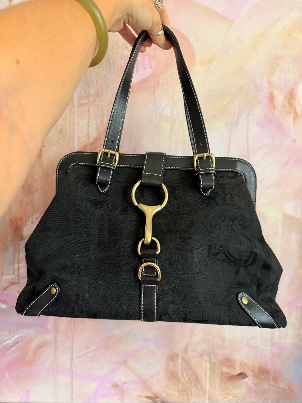 Ralph Lauren Black Leather-Trim Shoulder Bag with Brass Hardware